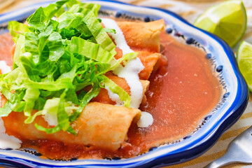 伝統的なメキシコのエンチラーダ　レタスとクリーム、ライムを添えて　Traditional Mexican Enchilada served with lettuce, cream, and lime