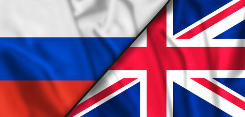 waving colorful flag of great britain and national flag of russia.