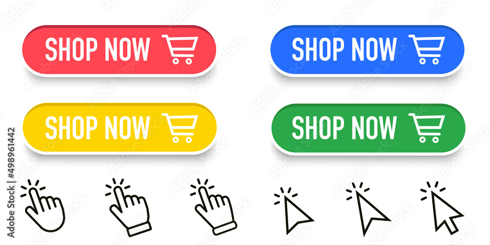 Poster shop now button collection with hand pointer set