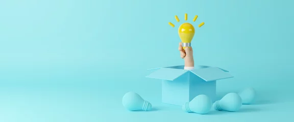 Foto op Plexiglas 3d businessman hand holding yellow light bulb on box surrounded with light bulbs on green background, think different, business creative idea concept, copy space, conceptual minimal design, 3d render © Nuchjaree