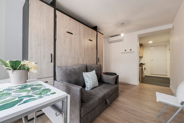 Extra bed inside sofa with cushions in short-term rental studio apartment with wardrobe, folding white wooden table with chairs and light hardwood floor