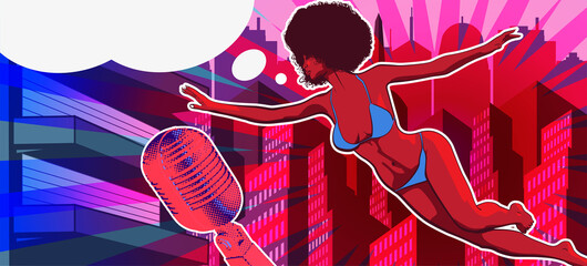 A afro haircut lady flying over the city and singing. Vector design template with comics speech bubble and woman swimsuit - 498962427