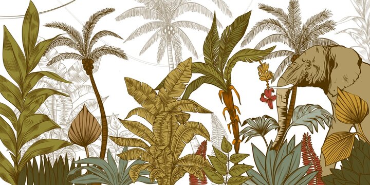 Digital wallpaper for kids with tropical floral leaves Babana leaves tree monstera palm tree elephant in children bedroom