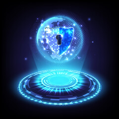 Abstract holographic background. Futuristic glowing HUD of hologram padlock with keyhole-shield icon in personal data security. Cyber globe and safety data or information privacy