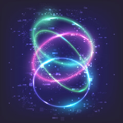 Glowing swirl light effect. Magic abstract frame. Power energy of circular element. Luminous sci-fi. Shining neon lights cosmic. Futuristic swirl universe trail effect. Glitch, rays  and pixels