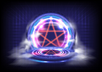 GUI and UI virtual reality. Portal and hologram science futuristic. Sci-fi digital hi-tech in glowing HUD projector. Magic gate in game fantasy. Circle teleport podium with fog on ground
