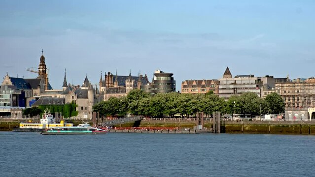 View of Antwerp over the River Scheldt with Cathedral of Our Lady Onze-Lieve-Vrouwekathedraal Antwerpen, Belgium.