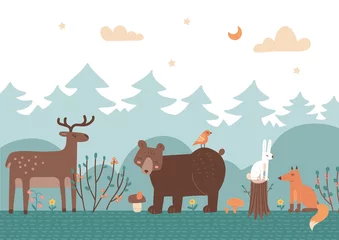  Cute animals on the background of the forest, trees,bushes and plants. Bear, Fox, Deer, Hare and bird. Forest Animals set. Vector flat hand drawn illustrations in the Scandinavian style © LanaSham