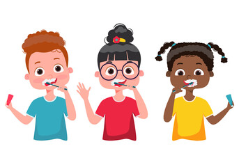 Fototapeta premium Kids caring for teeth illustration. Children brushing teeth. Dental kids. Happy baby smile. Healthy teeth. Hygiene. Vector illustration. 
