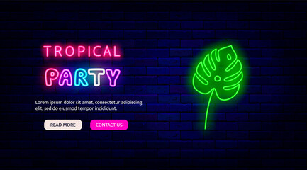 Tropical party neon flyer. Landing page for website with monstera leaf. Summer template promotion. Vector illustration