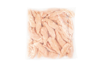 Frozen pieces of chicken fillet on an isolated white background.Chicken fresh meat in a transparent bag.