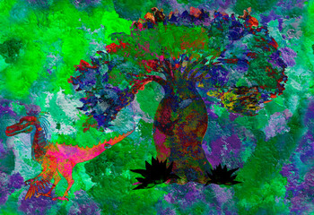 Dinosaur and palm trees, cartoon character. Illustration for children. Use printed materials, signs, items, websites, maps, posters, postcards, Drawing watercolor. Seamless pattern.