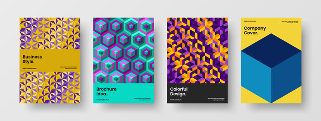 Bright geometric pattern journal cover concept collection. Fresh corporate brochure A4 design vector illustration composition.