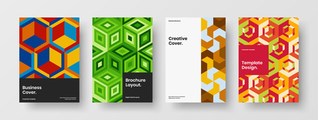 Fototapeta na wymiar Fresh company cover vector design layout set. Colorful geometric shapes corporate brochure template bundle.