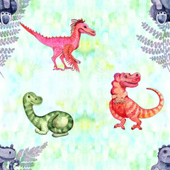 Obraz premium Dinosaur and palm trees, cartoon character. Illustration for children. Use printed materials, signs, items, websites, maps, posters, postcards, Drawing watercolor. Seamless pattern.