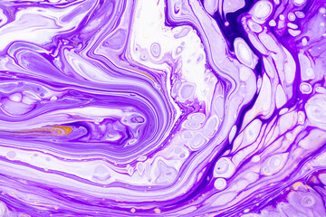 Fluid art texture. Background with abstract swirling paint effect. Liquid acrylic picture with colorful mixed paints. Can be used for background or poster. Purple and white overflowing colors.