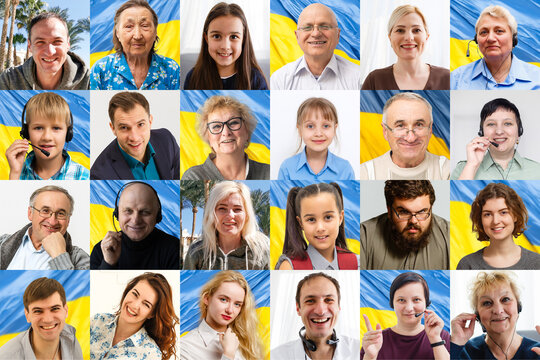 Collage of many smiling happy people children with a ukrainian flags. Banner