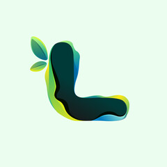 L letter eco logo with green leaves in hologram glitch style.