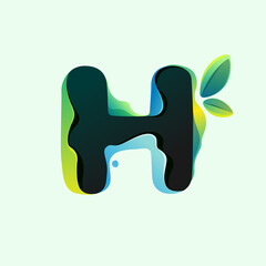 H letter eco logo with green leaves in hologram glitch style.