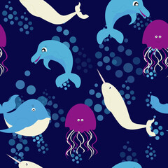 Water world seamless pattern. Sea animals dolphin and whale, narwhal and jellyfish. For kids.