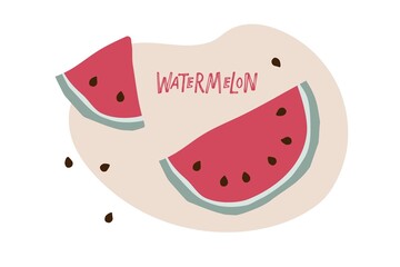 Watermelon pieces, hand drawn doodle sketch isolated. Flat vector illustration Food template for nursery design, sticker, logo, diet concept, farmers market.