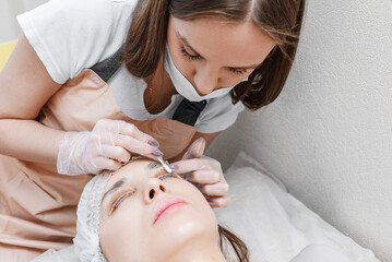 Obraz na płótnie Canvas Eyelash procedure with clinic master and a client in a beauty salon