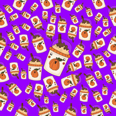 Cute seamless pattern on purple background with cozy coffee. Great for fabric, wallpaper, textile, wrapping. Vector illustration.Texture for scrapbooking, wrapping paper, invitations.