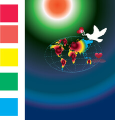 Illustration of loving peace on the Earth with White pigeon carrying love sign or heart sign in the globe on gradient blue background. Political world map is an illustration created by me,