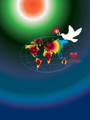 Illustration of loving peace on the Earth with White pigeon carrying love sign or heart sign in the globe on gradient blue background. Political world map is an illustration created by me,