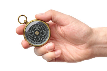 Hand holding traditional magnetic compass