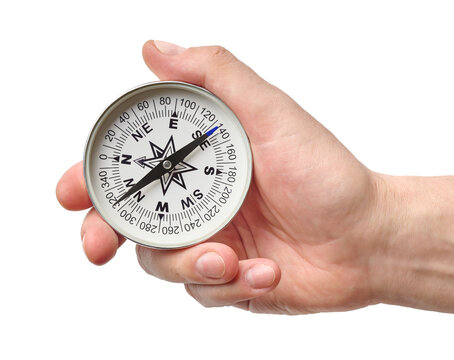 Hand holding traditional magnetic compass