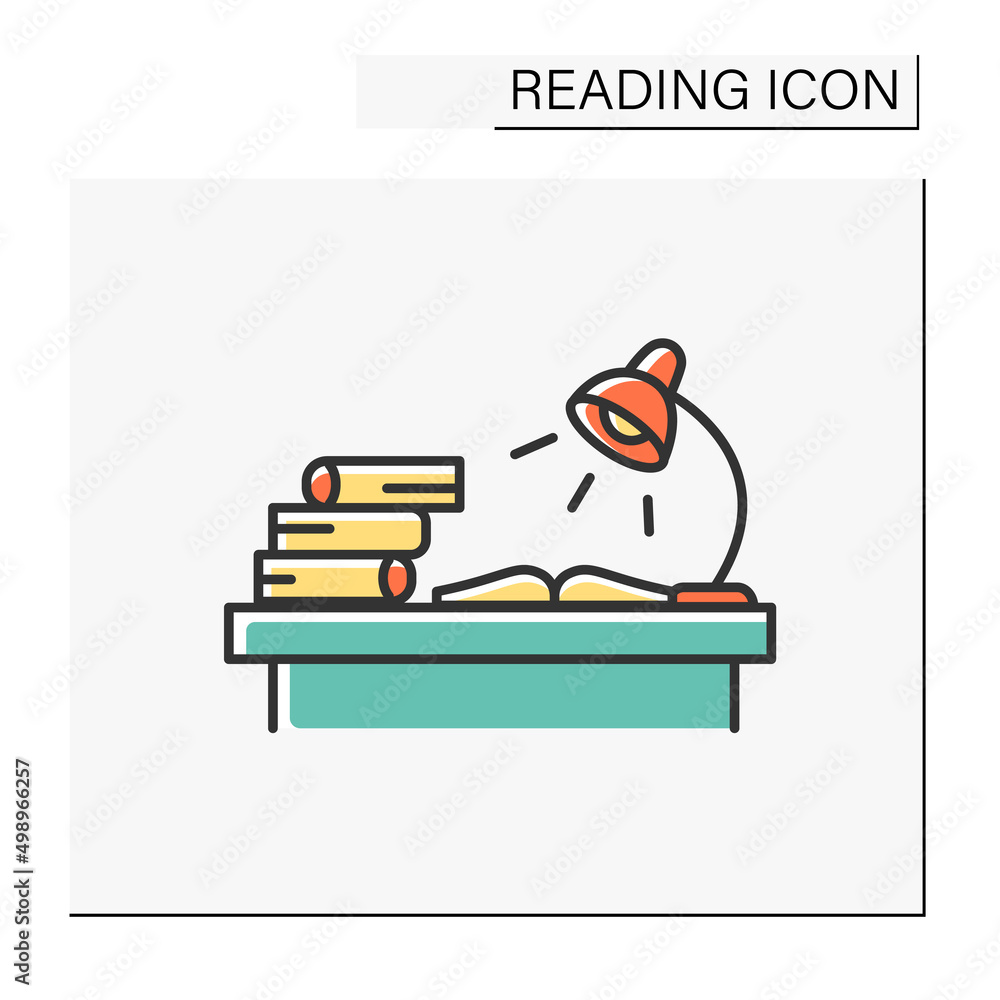 Aufkleber library color icon. learning space with many books, special desk and lamp. workplace. reading concep