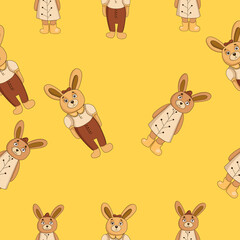 Cute seamless pattern on yellow background with cozy bunnies. Texture for scrapbooking, wrapping paper, invitations. Vector illustration.