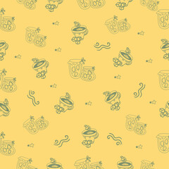 Cozy seamless pattern on yellow background with stars, jam and tea. Hand drawn stars, jam and delicious tea. Vector illustration.