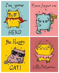 Big set of vector cute funny cats for greeting card design, t-shirt print, inspiration poster.