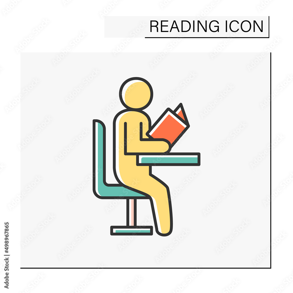 Poster study color icon. schoolboy sitting on a school desk and reading a book. process of acquiring skills