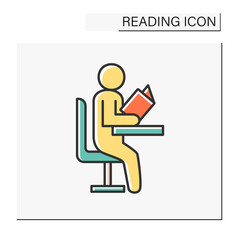 Study color icon. Schoolboy sitting on a school desk and reading a book. Process of acquiring skills and knowledge. Lesson. Reading concept. Isolated vector illustration