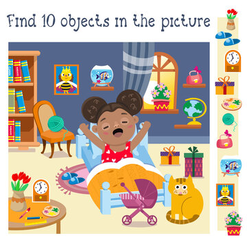 Find 10 hidden objects. Educational game for children. Cute little girl wakes up. Cartoon character. Vector illustration. 