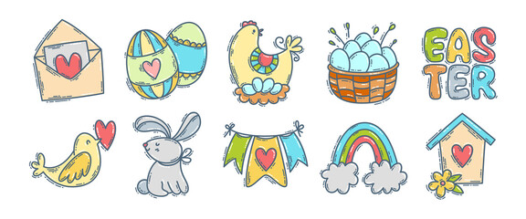 Fototapeta premium Easter doodle hand-drawn icon set with simple engraving effect. Cute colorful symbols and elements collection.