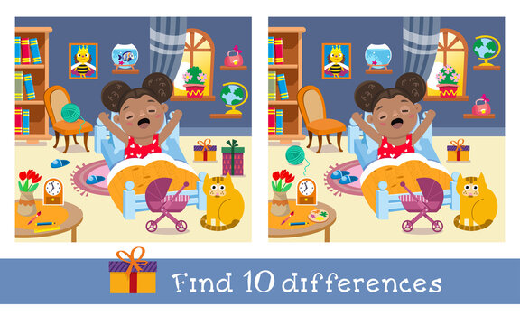 Find 10 differences. Game for children. Cute little girl wakes up. Hand drawn full color illustration. Vector flat cartoon picture.