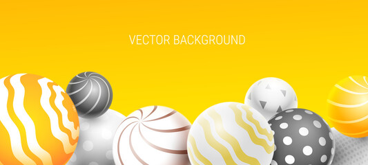 Vector abstract illustration with color 3d decorative ball on yellow background. Template with shine bubble textured with pattern. 3d abstract style design with sphere shape