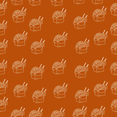 Cute seamless pattern on brown background with delicious asian noodles. Texture for scrapbooking, wrapping paper, invitations. Vector illustration.
