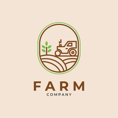 minimalist tractor and farm line art logo emblem vector template design