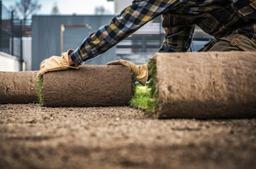 Rolls of Natural Grass Turfs Prepared For a Backyard Garden Installation