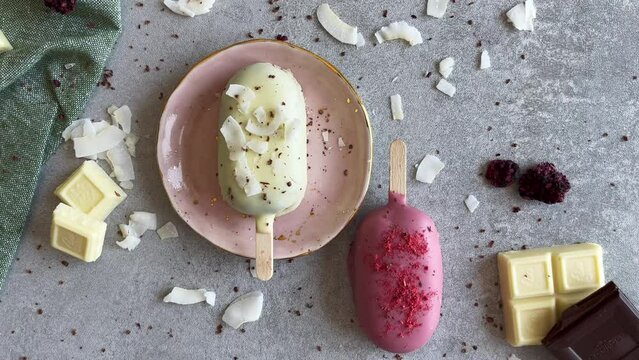 White and pink cakesicles with ruby and white chocolate. Homemade baked popsicles. Chocolate pie pops