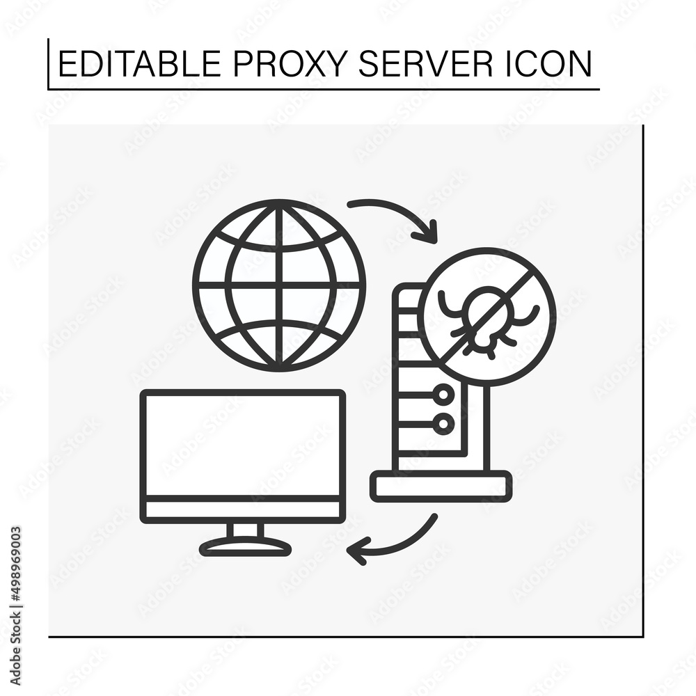 Poster antivirus line icon. firewall virus protection.thwarting viruses on computer. proxy server concept. 