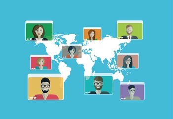 people connecting together, learning and meeting online with teleconference or video conference remote working all over the world, work from home and anywhere, flat vector illustration.