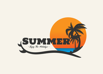 summer enjoy holiday vector design with surfboard on the beach at sunset