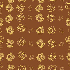 Autumn seamless pattern on brown background with tea and donuts. Hand drawn cozy tea and delicious donuts. Texture for scrapbooking, wrapping paper, invitations. Vector illustration.