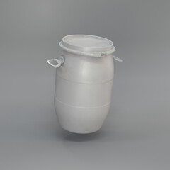 Plastic barrel white floating on a gray background, 3d render